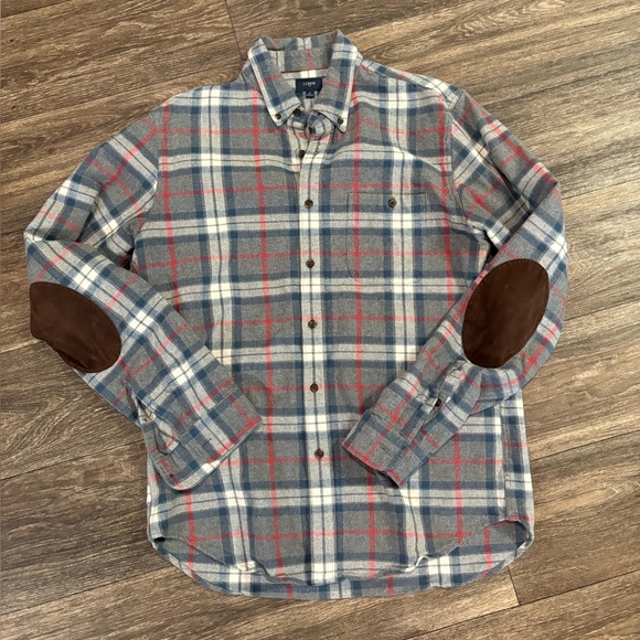 J Crew Plaid Rugged Shirt Men’s Sz Medium F4557 Gray Red Tan Tartan Elbow Pad - Picture 1 of 4